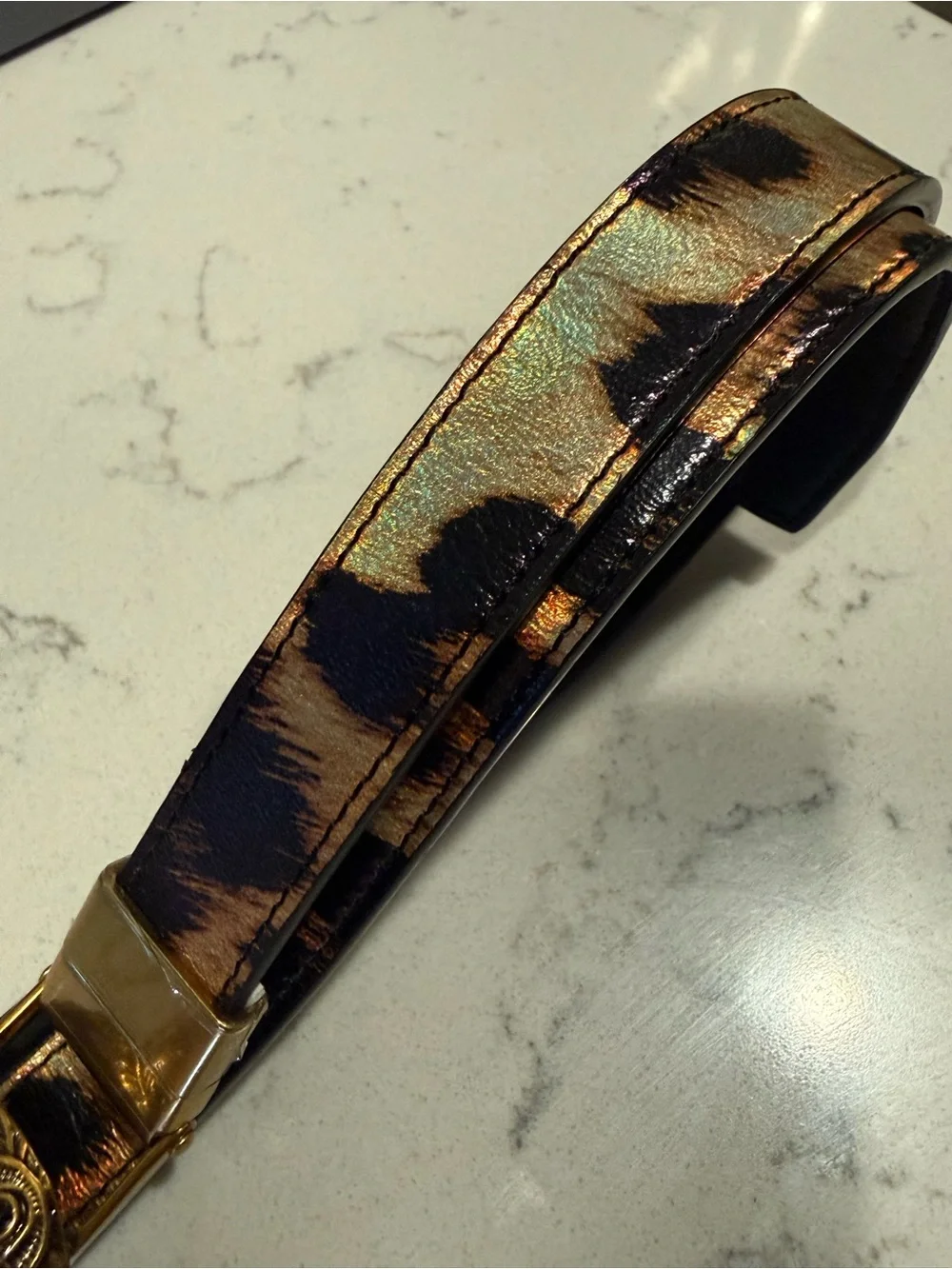 Kurt Geiger Metallic Black-Brown Leather Belt with Gold Bird-Head Buckle